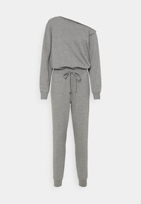 Grå én-skulder jumpsuit lavet af blødt stof, med lange ærmer, en bundet talje og tapered ben med cuffede kanter.