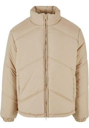 Beige puffjacka med hög krage, framdragkedja, quiltad design och elastiska muddar. Har en fyrkantig form och mjuk textur.