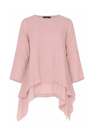 Roze blouse met lange mouwen, gelaagde asymmetrische zoom en ronde hals, met een ontspannen, vloeiende pasvorm.