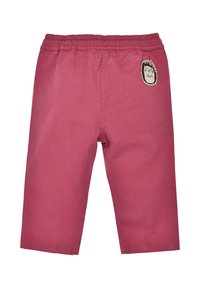 Rosafarbene Baumwollshorts mit elastischem Bund, auf der rechten Seite mit einem Igel-Patch und einem schlichten Design.
