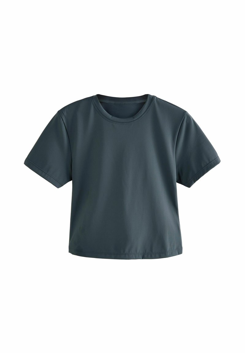 Korte mouw, ronde hals t-shirt in donkergrijs, met een gladde textuur en een relaxte pasvorm. Gemaakt van lichte, ademende stof.