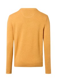 Geel truitje met lange mouwen, ronde halslijn en geribbelde zoom. Gemaakt van zacht materiaal met een gladde textuur en een minimalistisch ontwerp.