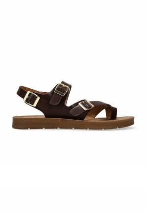 Brown leather sandals with two adjustable straps, gold buckles, and a flat rubber sole. Open-toe design with a minimalist style.