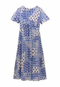 Blaues gemustertes Kleid mit kurzen Ärmeln, V-Ausschnitt und tailliertem Schnitt. Es zeigt geometrische und florale Designs auf einem hellen Hintergrund.