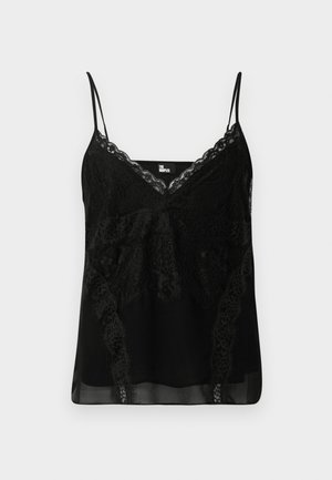 Camisole noire avec des détails en dentelle au niveau de l'encolure et des côtés, fines bretelles réglables et une matière lisse, légèrement transparente.