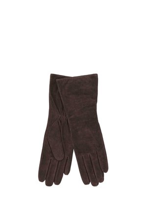 Een paar donkerbruine suède handschoenen met geplooide details bij de pols, plat gelegd op een witte achtergrond.