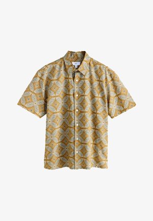 Camicia a maniche corte con bottoni, con motivo geometrico floreale giallo senape e bianco e colletto standard.