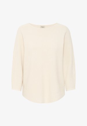 Krém színű kötött pulóver háromnegyedes ujjakkal és kerek nyakkivágással, enyhe textúrával, laposan elhelyezve.