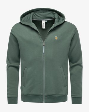 Green zip-up hoodie with two front pockets, attached hood, and small embroidered beer mug on left chest.