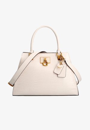 Witte handtas van imitatieleren met krokodillenstructuur, gouden hardware, dubbele handvatten en afneembare schouderriem. Heeft een logo-accent.