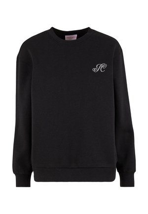 Schwarzes Sweatshirt aus Baumwolle mit Rundhalsausschnitt, langen Ärmeln und einem kleinen dekorativen Logo aus Strass auf der linken Brust.