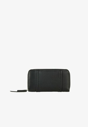 Black leather wallet featuring a pebbled texture, zip closure, and multiple card slots with stitched accents on the front.