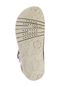 Semelle de chaussure en caoutchouc blanc avec des motifs floraux et d'étoiles texturés. Présente des trous de ventilation et une étiquette imprimée "FLEXY SYSTEM". Taille 28 indiquée.
