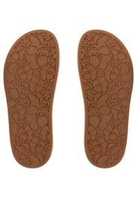 Semelles en caoutchouc marron avec un motif floral, marquées "ROXY", possédant des surfaces texturées pour une meilleure adhérence et un confort optimal. Les deux semelles sont présentées.