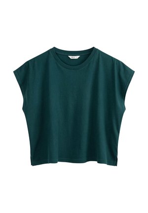 T-shirt vert foncé à manches courtes avec col rond, coupe carrée et petites fentes latérales, présenté sur un fond blanc.