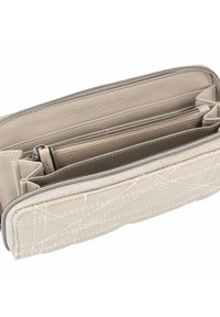 Beige leather wallet with a zip closure, featuring multiple compartments, textured stitching patterns, and a branded logo interior.