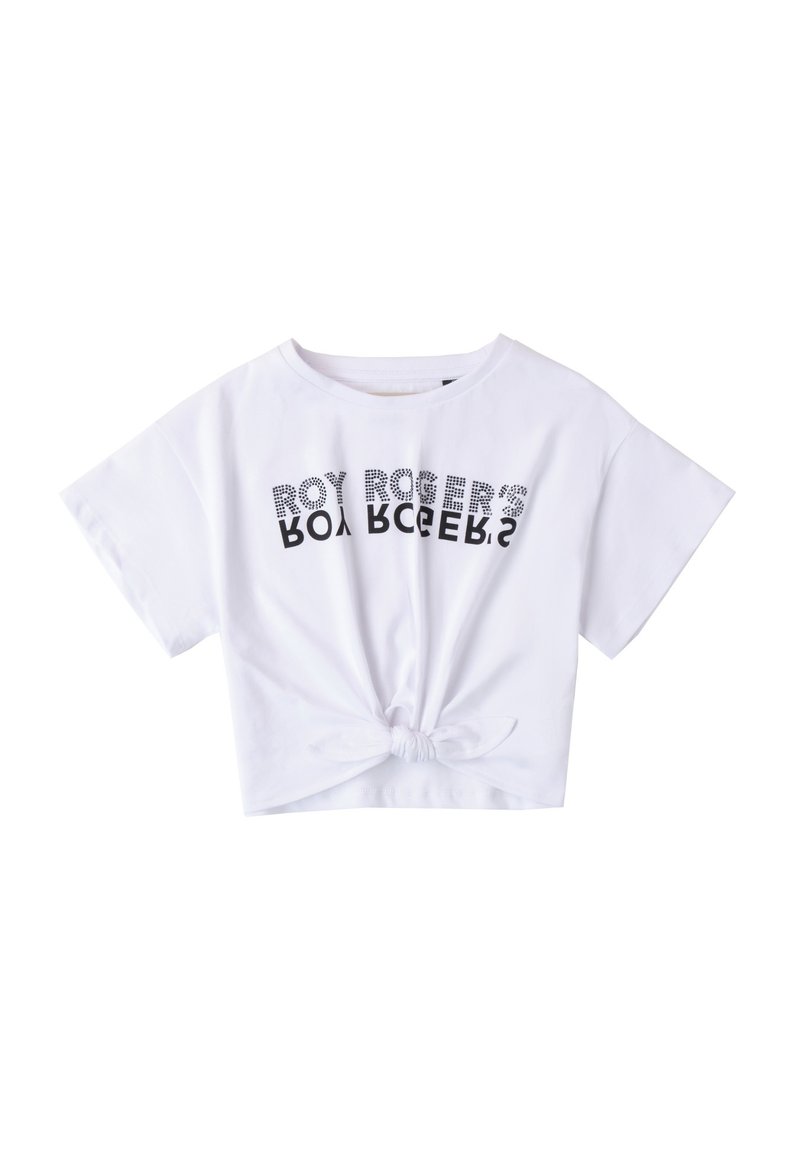 Camiseta corta blanca de algodón, con mangas cortas y un detalle de nudo en la parte frontal, con texto negro impreso en el pecho.