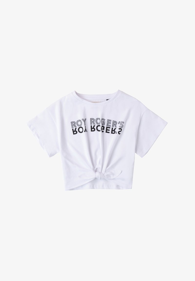 Biała krótka koszulka z bawełny, z krótkimi rękawami i wiązanym przodem, z czarnym nadrukiem na klatce piersiowej.