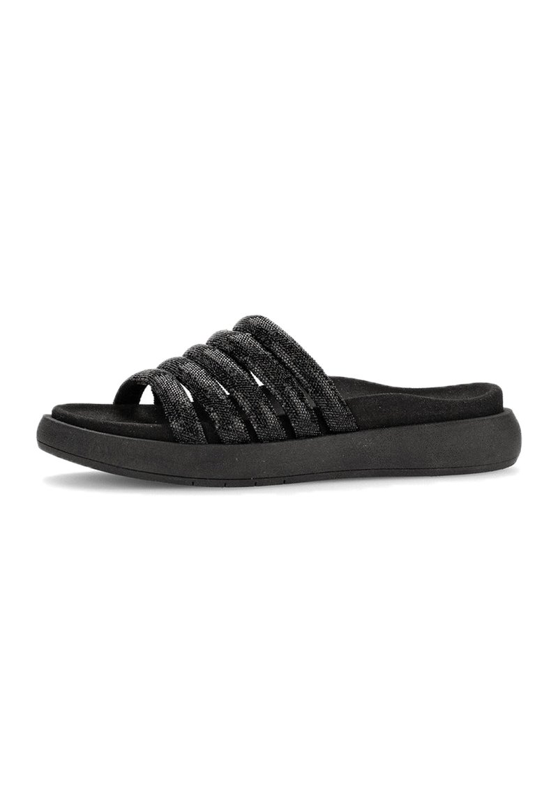 Sandales noires à glissière avec quatre sangles en tissu, semelle intérieure rembourrée et une semelle extérieure épaisse et plate. Surface texturée sur les sangles pour une meilleure adhérence.