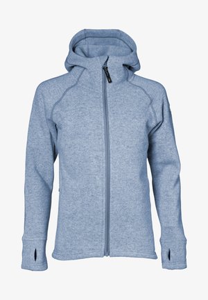 Ljusblå zip-up hoodie i mjukt, texturerat tyg. Har en hög krage, sidofickor och hål för tummarna i ärmsluten.