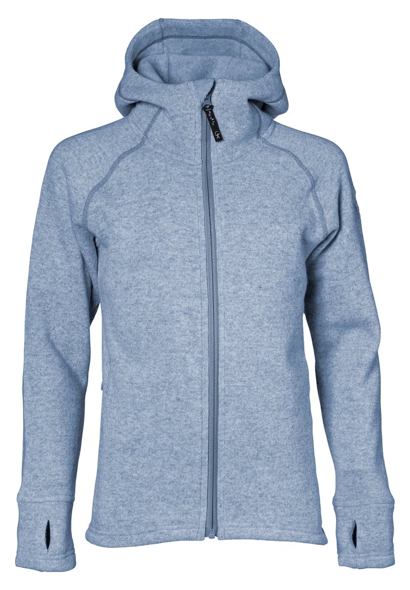 Ljusblå zip-up hoodie i mjukt, texturerat tyg. Har en hög krage, sidofickor och hål för tummarna i ärmsluten.