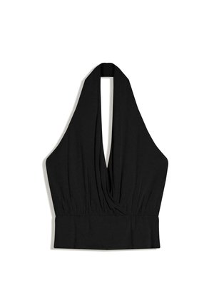 Top negru fără mâneci, cu guler halter și decolteu adânc în V, cu bandă lată și strânsă în talie, prezentat întins pe un fundal alb.