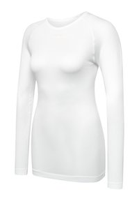 Weißes Langarm-Sportshirt mit glatter Textur, Rundhalsausschnitt und taillierter Passform. Mit dezentem Branding auf der Vorderseite.