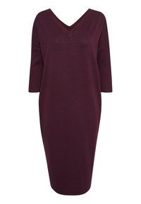 Robe en maille bordeaux avec un décolleté en V et des manches trois-quarts ; elle présente une coupe décontractée et une texture lisse sans motifs ni ornements visibles.