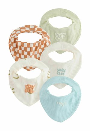 Päť rebrovaných textilných detských šatiek na krk v pastelových farbách s vzormi a frázami ako „Happy Days“, „Stay Cool“ a „Smile Club“.