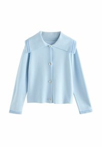 Jasnoniebieski kardigan z dużym kołnierzem i dwoma granatowymi paskami. Posiada sześć srebrnych guzików i długie rękawy, wykonany z miękkiego materiału.