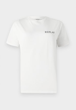 White cotton t-shirt with short sleeves, round neck, featuring a small black "REPLAY" logo on the left chest area. Smooth texture.