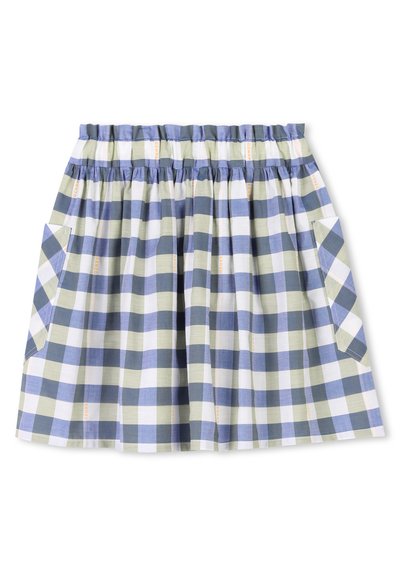 Jupe vichy avec une taille élastique, présentant des carreaux bleus, verts et blancs. Comprend deux poches latérales et un design froncé.