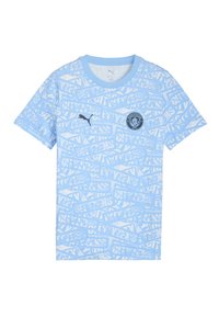 Gaiši zils T-krekls ar atkārtotu grafisku rakstu, kas ietver vārdus "CITY" un "CITIZENS". Ietver apaļu kakla izgriezumu un Puma logotipu.