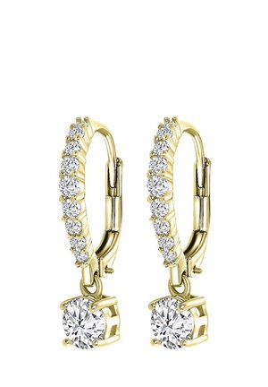 Boucles d'oreilles créoles en or avec de petits diamants tout le long du cercle et un pendentif en diamant plus grand suspendu à chaque boucle d'oreille.