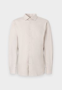Chemise à manches longues beige clair avec un devant à boutons, un col classique et une texture subtile. Elle comporte des poignets standards et six boutons.