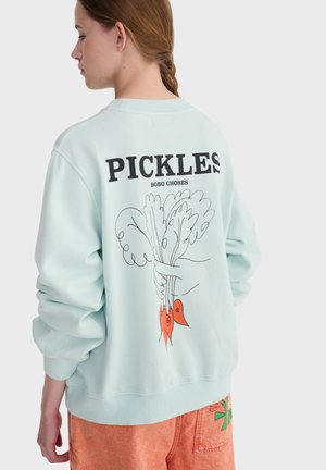 Mladá osoba zo strany nosí svetlomodrú mikinu s nápisom „PICKLES“ a ručne kreslenou ilustráciou zeleniny na chrbte.