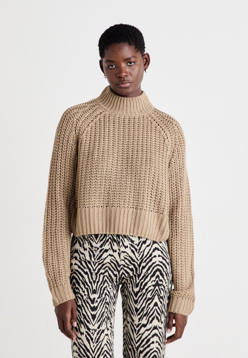 Bezs uzadīts turtlenecks džemperis ar īsu dizainu un ribotu malu, kombinēts ar melnbaltiem zebra raksta biksēm.