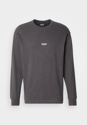 Long-sleeve gray t-shirt made of cotton. Features a crew neckline and white "Barbour International" logo at the chest. Straight cut.