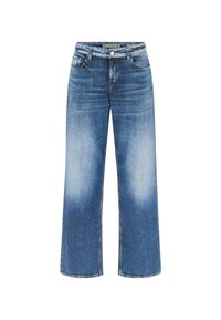 Jeans de mezclilla de pierna ancha en un tono azul claro con un acabado desgastado. Presenta un cierre de botón, trabillas para cinturón y un diseño tradicional de cinco bolsillos.