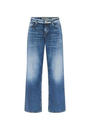 Wijdvallende, lichtblauwe denim jeans met een vervaagde wassing. Voorzien van een knoopsluiting, riemlussen en een traditionele vijf-pocketontwerp.