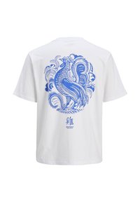 Vit bomull t-shirt med en blå grafisk design av en fågel omgiven av ornamentala virvlar, med texten "ORIGINALS WORLDWIDE."