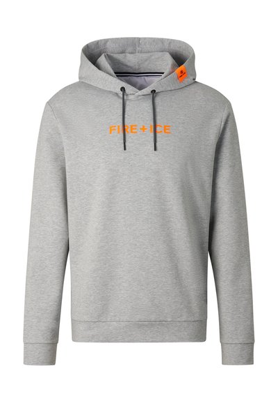 Sweat à capuche gris clair avec cordons de serrage noirs et texte "FIRE + ICE" orange centré sur la poitrine, avec une étiquette orange sur la capuche.