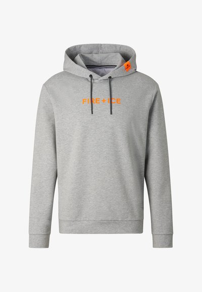 Sweat à capuche gris clair avec cordons de serrage noirs et texte "FIRE + ICE" orange centré sur la poitrine, avec une étiquette orange sur la capuche.