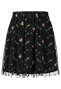 Zwarte rok met elastische tailleband, voorzien van bloemenborduursel in roze en groen, gelaagd nettextuur en een ongekende zoomdetail.