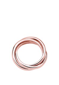 Rozā zelta savīta gredzena ar gludu, pulētu virsmu. Dizainā izmantotas trīs pārklājošās joslas ar minimālistisku stilizējumu.