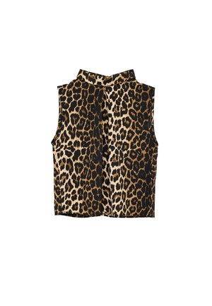 Ärmelloses Crop-Top mit hohem Kragen, braunem und schwarzem Leopardenmuster auf beigem Hintergrund, flach auf weißem Hintergrund liegend.