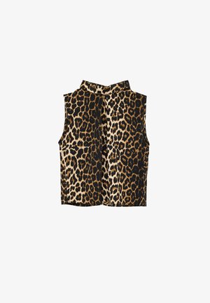 Ärmelloses Crop-Top mit hohem Kragen, braunem und schwarzem Leopardenmuster auf beigem Hintergrund, flach auf weißem Hintergrund liegend.