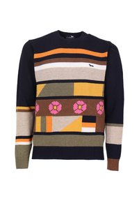 Maglione lavorato a maglia con collo rotondo; presenta un motivo geometrico nei colori blu navy, marrone, arancione, verde e rosa; include un piccolo logo sul petto.