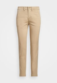 Khaki chinos vyrobené z bavlněné směsi, s rovnými nohavicemi, předními kapsami a zapínáním na knoflík s jedním poutkem na opasek.