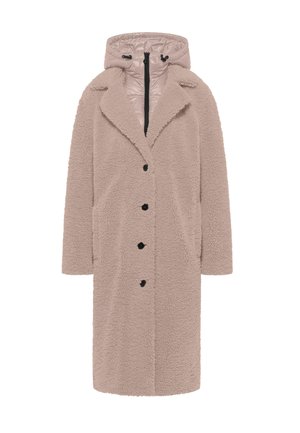 Lichtbeige sherpa jas met een afneembare glanzende capuchon, voorzien van een notched kraag, voorzakken en zwarte knopen. Zacht van structuur.